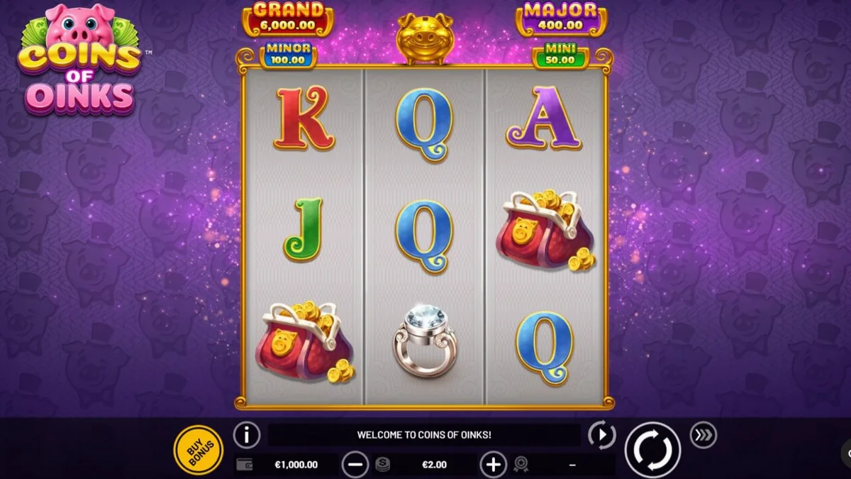 Visual mewah dari slot Coins of Oinks dengan tema babi kaya dan emas